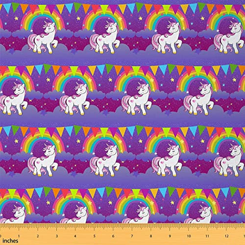 Mädchen Einhorn Stoff Meterware Kawaii süßes Einhorn Druck Polsterstoff Cartoon Pferd Dekorationsstoff Galaxie Sterne magisches Einhorn Tier Stoff DIY Geschenk 92 x 150 (HxB) lila