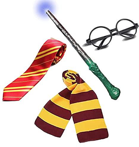 JMOCD 4 Stück Zauberer Kostüm Set,Magier Accessoires mit Schwarzer Runder Brillen,Krawatte,Schal und Zauberstab für Halloween Karneval Mottoparty Geburtstag Maskerade Fasching.