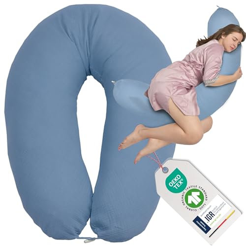 sei Design XXL Stillkissen 190x30 mit Musselin-Bezug ergonomisch, Schwangerschaftskissen Seitenschläferkissen Komfortkissen für Erwachsene, Stillkissenbezug aus 100% Bio-Baumwolle