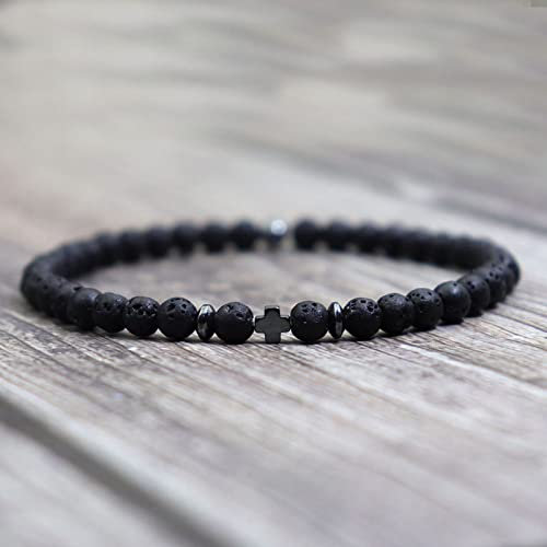 LCDIUDIU Naturstein Armband Herren - 4Mm Schwarz Lava Kristall, Vintage Kreuz Charme, Stretch Perlen, Angst Energie Edelsteine Armreif - Schmuck Geschenk Für Männer Und Frauen