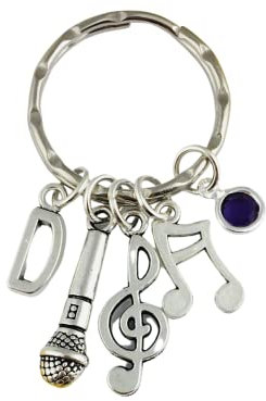 Personalised Music Note, Treble Clef and Microphone Keyring, initial charm, birthstone crystal - keychain, Housewarming new house, Music Jewellery pianist teacher musical singer gift for musician