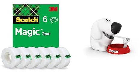 Scotch Magic Invisible Tape, 19 mm x 33 m, 6 rolls & Tischabroller inkl. 1 Rolle Klebeband - Hunde Klebeband Abroller, auch für Kinder, weiß