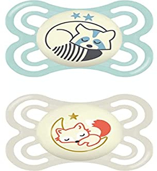 MAM Perfect Nuit 2-6 Monate Schnuller – Superweiches Silikon – Schnuller mit Sterilisierbox – leuchtet in der Nacht – Wassergrün & Beige