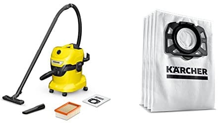 Bundle of Kärcher WD 4 16282030, Wet and Dry Vacuum Cleaner, Yellow, 1000 W, 20 litres + Kärcher Original Fleece Filter Bag KFI 487: 4 pieces