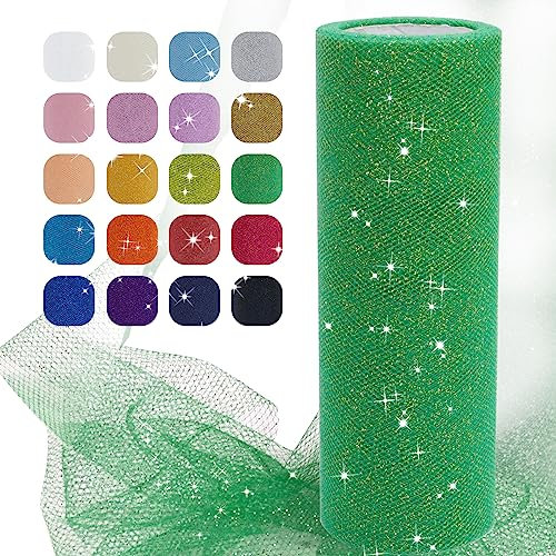 Uiopa Glitzer Tüll Gras-Grün, 15cm x 22,8m Glitzerstoff Polyester Tüllband Hochzeit Dekostoff, Tüll Stoff Rolle für Tutu-Röcke Party Hochzeit Tisch Deko Geschenkverpackung DIY-Handwerk