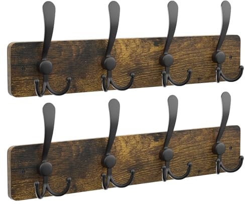 YMYNY Lot de 2 Porte Manteau Mural Bois, Longueur 42CM Patères, 4 Crochets Triples, Crochets Portemanteau Mural, Porte-Manteau, pour Entrée, Chambre, Salle de Bain, Marron Rustique HWS005H-2