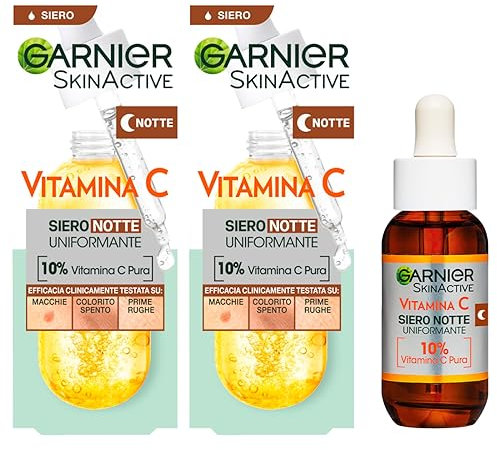 Garnier Skin Active Vitamin C Gesichtsserum für die Nacht, Anti-Flecken, mit Hyaluronsäure für stumpfe und müde Haut, 2 Flaschen à 30 ml