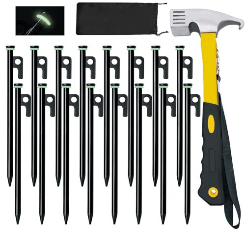 16 Pack Tent Stakes with Hammer, 8in Heavy Duty Tent Stakes + 10in Camping Hammer+Storage Pouch, Forged Steel Stake for Camping Used on Rocks(16Pcs 8in Tent Stake and Hammer)