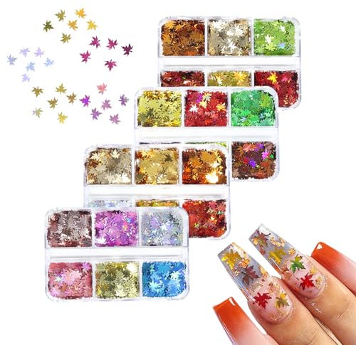 Fall Maple Leaf Nail Sequins,4Boxes 16Grids Laser Maple Leaf Shaped Nail Art Glitter Flakes,Holographic Nail Flakes for Womon Girls Manicure Design Decoration Resin Mold DIY