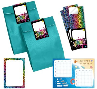 Minkocards Mitgebsel Kindergeburtstag Mädchen 12 Schiffe versenken + 12 Blöcke + 12 Geschenktüten (Petrol) + 12 Aufkleber Trampolin Jump Gastgeschenke für Mädchengeburtstag