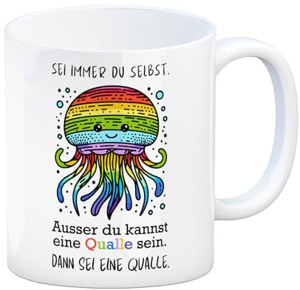 Sei immer du selbst - ausser du kannst eine Qualle sein Kaffeebecher Bunte Meeresbewohner Regenbogen Motivation Trendtier Maritim Meerestier Lebewesen Kawaii Tasse Qualle
