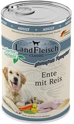 Landfleisch Classic Hundefutter 6 x 400g | Ente mit Reis | Mit hochwertigem Fleisch, Rapsöl (Omega-3 & 6), ohne Gluten, Zucker, GVO & Soja | Nassfutter für Hunde
