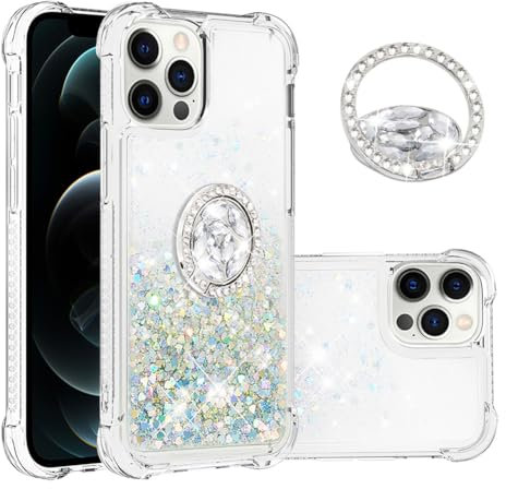 IMEIKONST iPhone 12 Pro Glitter Case with Diamonds Ring Kickstand, Liquid Sparkle Sequin Transparent for Girls Women Silicone TPU Bumper Shockproof Cover for iPhone 12 Pro. Love Silver YBZ