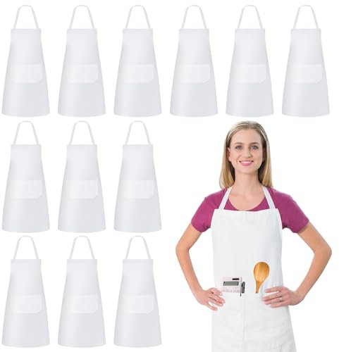 Kochschürze Für Männer Und Frauen, 12 Stücke Küchenschürze, Verstellbare Latzschürze Mit 2 Taschen, Unisex Arbeitsschürze, Wasserdichte Kochschürzen, Köche Schürze Für Küche Restaurant Café (Weiß)