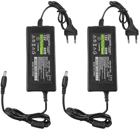 2 Stück 12V 5A Netzteil Adapter, AC 100-240V bis DC 12 Volt 5 Amp 60W Stromversorgung für LED Lichtstreifen Monitore Fernseher DVD TVs Verstärker Kamerasystem- Euro Stecker 5,5 * 2,5/2,1mm
