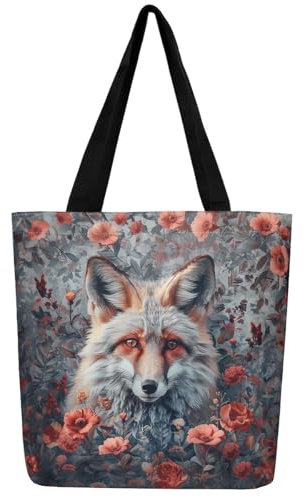 Homewish Fuchs Einkaufstasche Dschungel Tier Lebensmitteltasche, Groovy Blume Einkaufstasche Vintage Garten Floral Canvas Tasche Pflanze Botanische Leinwand Einkaufstasche