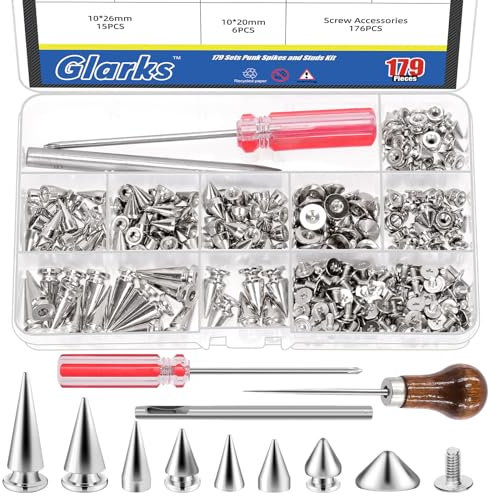 Glarks 355pcs Silber Punk Spikes und Studs Kit, 7-Größen Zink Legierung Kegel Spike und Stud Niete, Metall Leder Baum Spikes Studs mit Scratch Awl Schraubendreher Punch