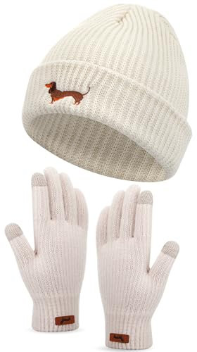Geyoga Dackel Motiv Geschenke für Frauen Mütze Handschuh Sets Warme Strickmütze Winter Beanie Mütze Strickhandschuhe Fleecehandschuhe Geschenk für Hundebesitzer(Cremeweiß Dackel)
