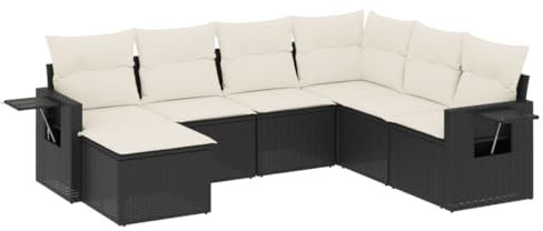 QJBSAVVA Esstisch Möbelsets Terrassenmöbel Set Balkon Lounge Klein - 7-TLG. Garten-Sofagarnitur mit Kissen Schwarz Poly Rattan für Balkon Terrasse Garten Party