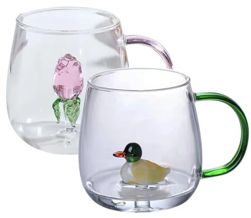 Linda Taza con Animal 3D Dentro de 2 Piezas de café 400ml Café de café con Mango de vidrios para Beber Animales 3D