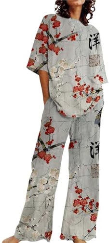 Generico Vestaglia O Kimono Donna Abiti Estivi per Donna 2 Set di Lino in Cotone T-Shirt Oversize Pantaloni a Gamba Dritta Tuta Taglie Forti Pigiama Donna 7XL (Grey, XXXXXL)