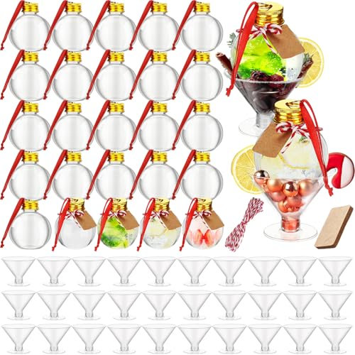 Baderke 25 Pack 100ml Fillable Booze Bottle with Clear Plastic Martini Glasses Plastic Drink Balls Clear Water Bottle Bulb with Reusable Cocktail Glasses for Wedding Christmas Party Banquet Decoration
