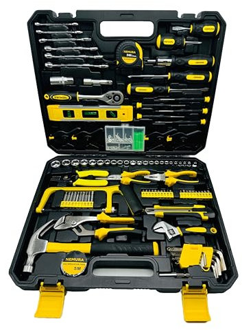 Nemura Malette outils de 168pcs - Douilles, pinces, tournevis, marteau, clés, scie, embouts - Chrome Vanadium - Outils de travail pour Bricolage - Qualité Professionnelle -Marque Française