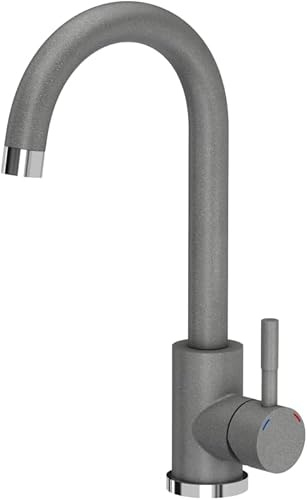 QUADRON Grifo de cocina KATE SteelQ Grifo mezclador 360°, color: gris, altura: 22,3 cm Función QFix, giratorio-, parte superior: cerámica, grifo mezclador para fregadero de cocina