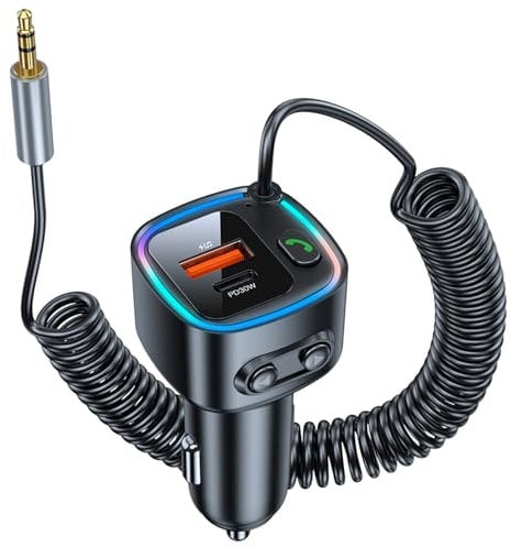Adaptador Bluetooth 5.4 Coche Receptor Bluetooth Jack 3.5 Manos Libres Coche Bluetooth (PD 30W & QC 12W) 42W Cargador Coche Rápido Manos Libres HiFi Stereo Luz Respiratorias Coloridas Soporte USB