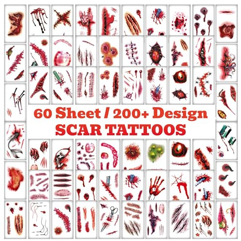 60 Sheet Halloween Zombie Scar Tattoos - Fake Scab Blood Special FX Costume Makeup Props, Halloween Makeup Party Prank Decorations, 60 Sheets of Temporary Scar Tattoo Stickers for Masquerade