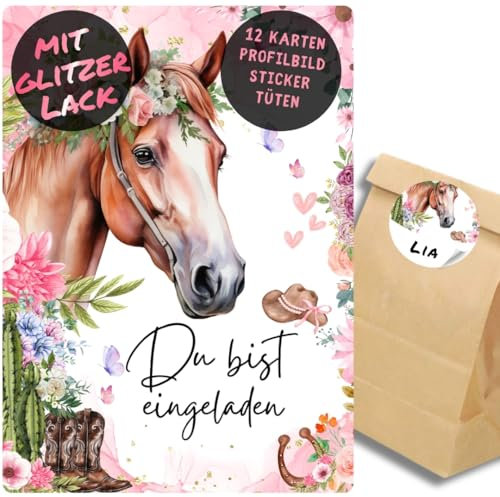 celebr8te 12x Pferde Glitzer Einladungskarten - Für den Kindergeburtstag von Mädchen - Partyeinladungen für Geburtstage mit Pferde Motiv +12 Sticker +12 Tüten