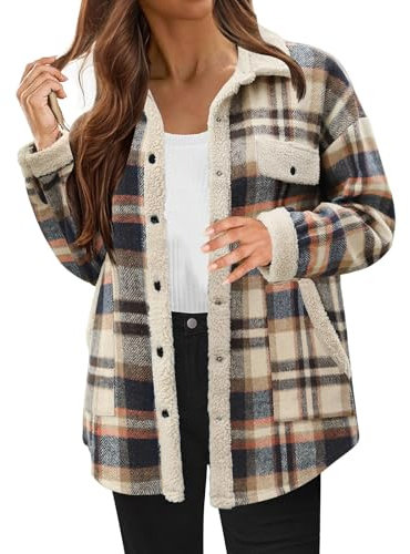 Veste de chemise pour femme à carreaux en polaire - Veste de bûcheron - Boutonnière - Veste de sport à manches longues - Veste d'hiver moelleuse - Coupe-vent - Chaude - Avec poche, bleu, XL
