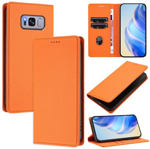 DENDICO Handyhülle für Samsung Galaxy S8 Hülle, PU Leder Klapphülle mit RFID-Blockierung, Stoßfeste Magnetische Schutzhülle für Samsung S8, Orange