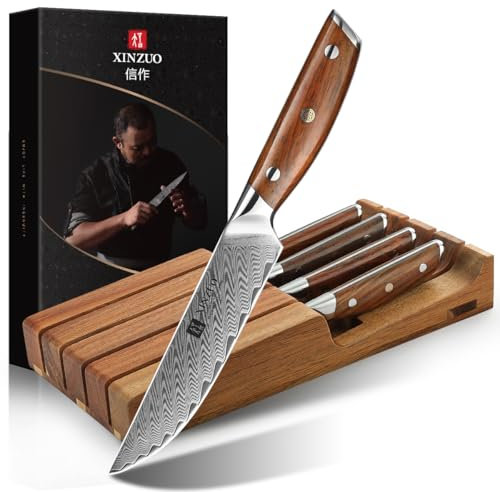 XINZUO Acciaio Damasco 5 Pezzi Set di Coltelli da Bistecca -Premium Coltello da Tavola con Legno di Acacia Cassetto Portacoltelli -Affilati Lama Diritta Coltelli da Carne -Manico in Legno di Rosa