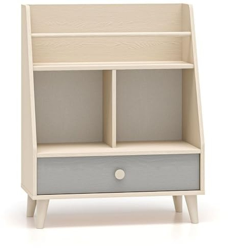 Lomadox Kinderzimmer-Regal in Sandbeige mit grau fühlbare Struktur, Schublade & offene Fächer Bücherregal Spielzeugregal