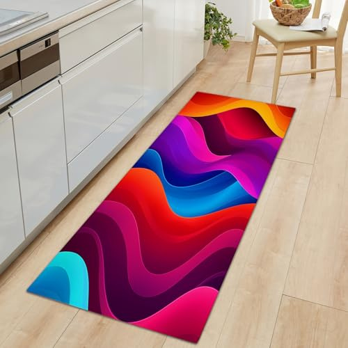Long Carpet Runner 70 x 200 cm, Non Slip Colourful Hallway Runner Door Mat, Washable Abstract Wavy Color Stripes Area Rugs Kitchen Floor Mat Carpet for Bathroom Entrance Bedroom Stair