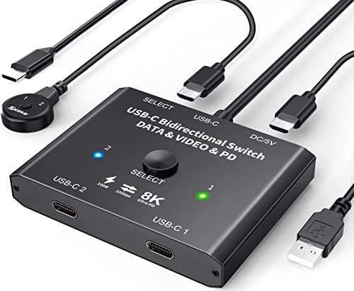USB C Switch 2 PC 8K@60Hz 4K@120Hz, Bidirektionaler USB C Switcher für 2 PCs, 2 in 1 out/1 in 2 out, 10Gbps Datenübertragung, 100W Aufladen, Type c KVM Switch mit Wired Remote und 2 USBC cables