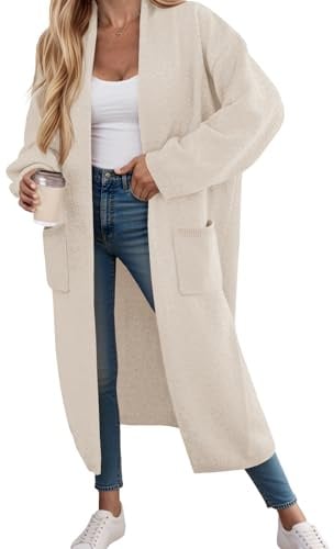 Fisoew Strickjacke Damen Lang Cardigan Langarm Oversized Strickmantel Open Front Sweater Jacke mit Taschen.