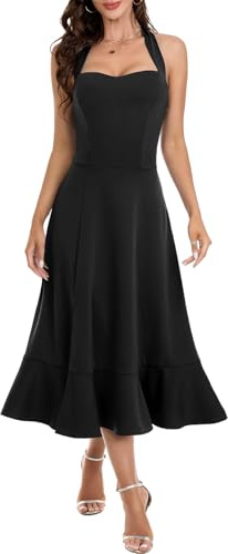 DRESSTELLS Black Cocktail Halter Dresses for Women, Sexy Formal Wedding Guest Tea Length Split Ruffle, Graduation Prom Church Evening Party 2025 Summer Dress Black XL