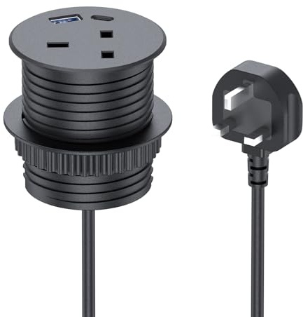 BQO Built-in Socket with USB, Retractable Socket with 1 USB-A, 1 USB-C for Worktop Kitchen, 2 m Cable Desk Power Grommet 60 mm for Home Office(Black)