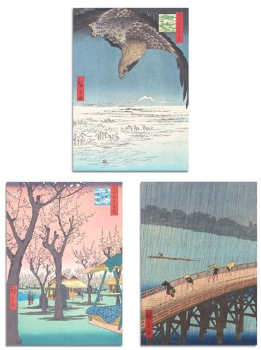 Artery8 Set of 3 Hiroshige Views of Edo Blue Green Japanese Wall Art Prints A3 Size Living Room Decor