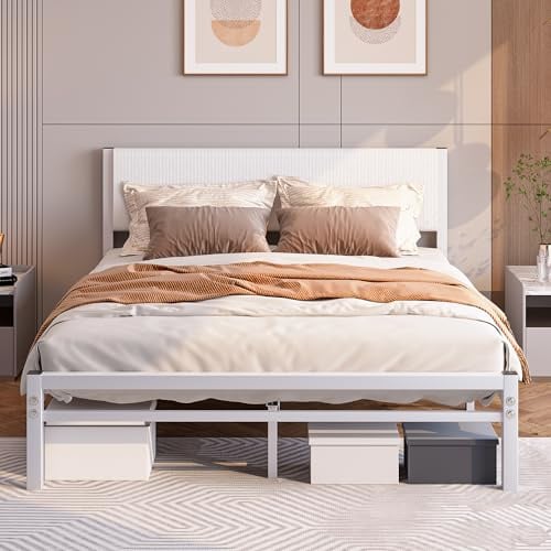 JUISSANO Bett 140x200 mit Lattenrost,Bettgestell Metallbett 140x200 cm mit Kopfteil,Bettrahmen aus Metall-27cm Hoch,Doppelbett Gästebett Jugendbett KeinBoxspringbett mit Stauraum,Weiß