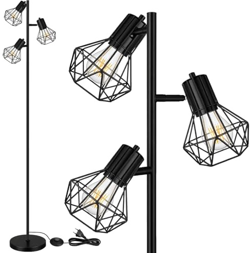 HiBay Stehlampe LED E27 3 Flammig Stehleuchte Schwarz Industrial Floor Lamp mit Fußschalter Stehlampen Rustikale für Wohnzimmer, Schlafzimmer, Büro(Ohne Leuchtmittel)