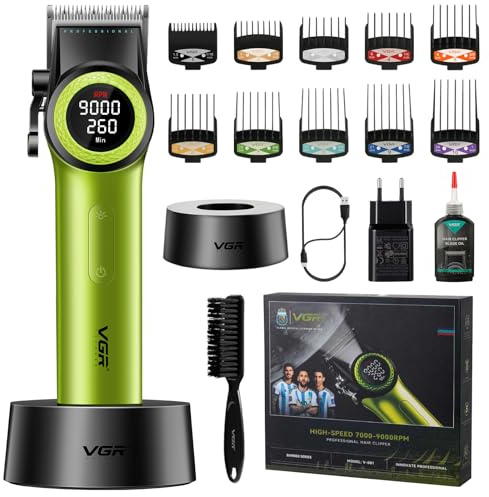 VGR 001 Professionelle Haarschneidemaschine für Männer mit 9000 U/min Motor | Schnurlose Friseurschermaschine zum Haarschneiden, Karbonstahlklinge Haarschneider für Barbiere, LED-Anzeige