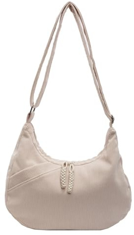 InfiniZer Umhängetasche Damen Mittelgroß Cord Crossbody Bag Beige Halbmond Schultertasche für Reisen Arbeit