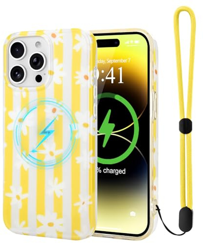 Urarssa for iPhone 14 Pro Case Floral, with Strap, Yellow | Cute Flowers Printed Pattern Funky Striped Phone Case with Wrist Strap, Fit for Magsafe, Glossy Soft TPU Shockproof Cover