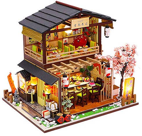 Diymnhaus DIY Miniatur Puppenhaus Kit 3D Holz Puppenhaus Handgefertigte Montage Japanisches Sushi Restaurant Miniatur Puppenhaus Möbel Set Inklusive LED-Beleuchtung Kreativer Raum