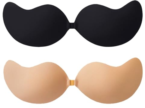 QyueQyat Sticky Bra, 2 Piece A Cup Set with Push Up and Strapless Design, Invisible Support for Various Outfits, Adhesive Silicone Cups In, Black, White