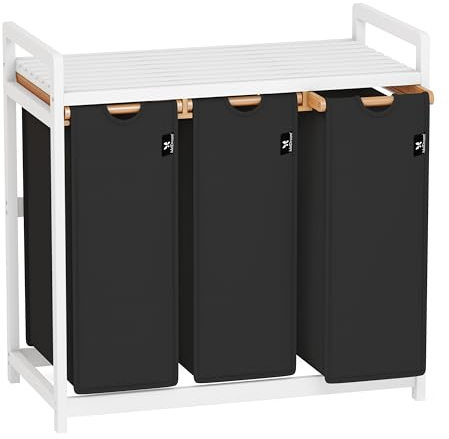 AdelDream Wäschekorb 150L, 3 Fächer Wäschesammler mit Ablage, Bambusrahmen | Wäschesortierer mit 3 x 50L Fächer , ausziehbar abnehmbar, Ablage bis 45 kg, Weißer Bambusrahmen,schwarze Wäschesäcke
