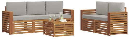 vidaXL Sofagarnituren 6 pcs Natürlich und Hellgrau Massivholz Akazie, Moderne Gartenmöbel, strapazierfähiges Outdoor-Sofa, Lounge-Set für die Terrasse, bequemes Sitzen draußen
